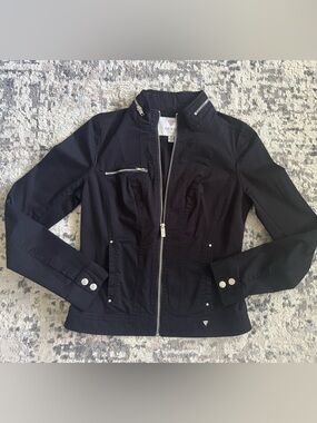 GUESS Black Women's Zip-Front Bomber Jacket with Silver Hardware